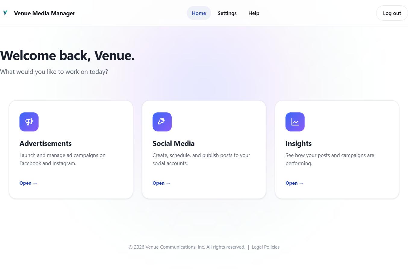 Venue Media Manager dashboard home screen
